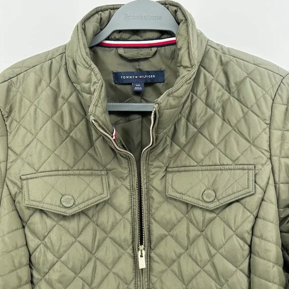 Tommy Hilfiger Olive Green Quilted Jacket Women's Size Large Padded Coat - Picture 5 of 10